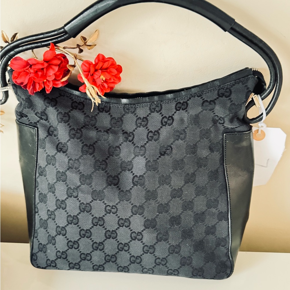 Gucci Black Monogram Canvas / Leather Hobo Shoulder Bag  PREOWNED